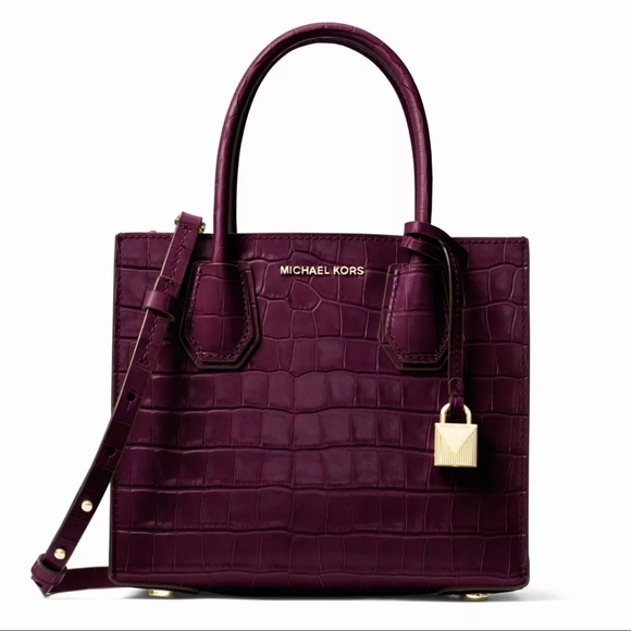 Michael Kors- Crocodile Mercer Embossed-Leather Crossbody Handbag Damson color. - Picture 1 of 15